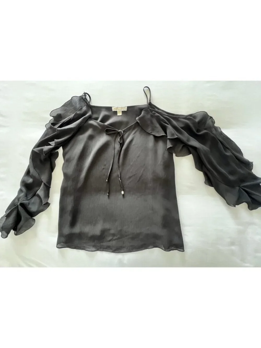 MICHAEL KORS Women's Sz L Black Top Spaghetti Strap Off Shoulder Ruffled Sleeves